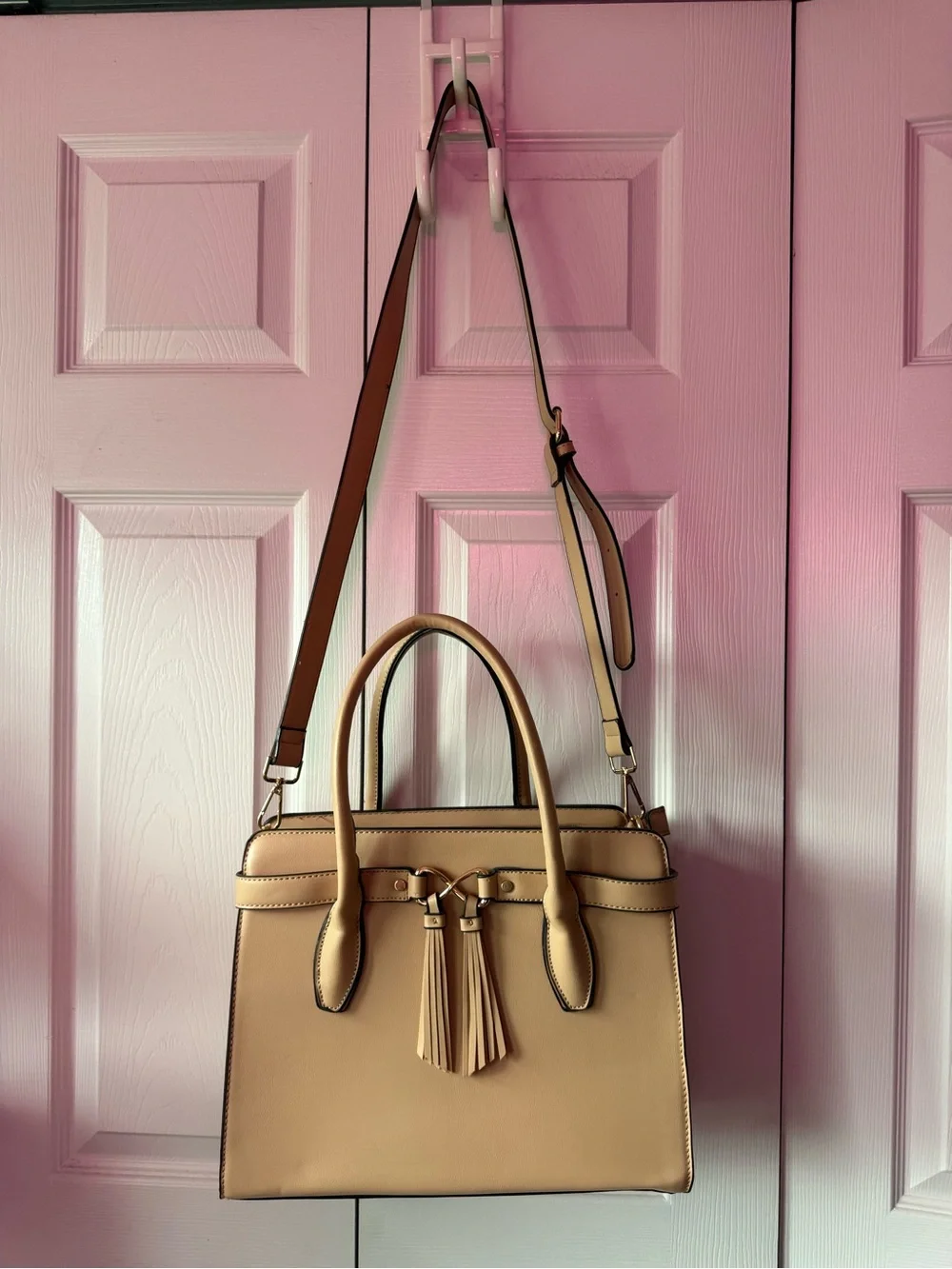Structured Tan Tote Bag with Tassel Accent